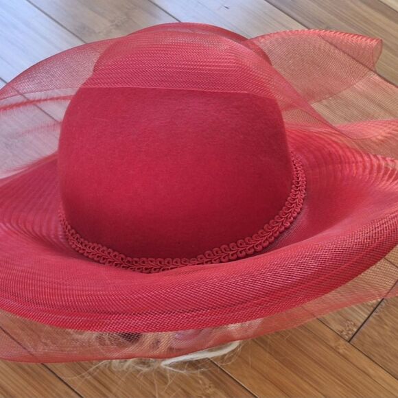 Vintage Wool RED Fascinator Hat Organza Kentucky Derby Church Bridal Tea Wedding - Picture 6 of 14